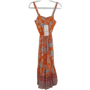 Beachlunchlounge Orange Floral Print Maxi Dress with Tie Waist Size XS New